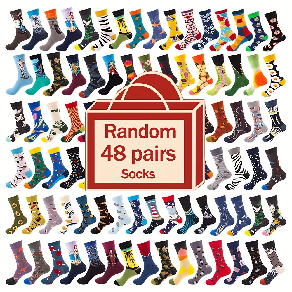 48 Pairs of Cozy And Soft Mid-Calf Socks in Various Colors Featuring Unique Designs, Trendy And Adaptable Styles.