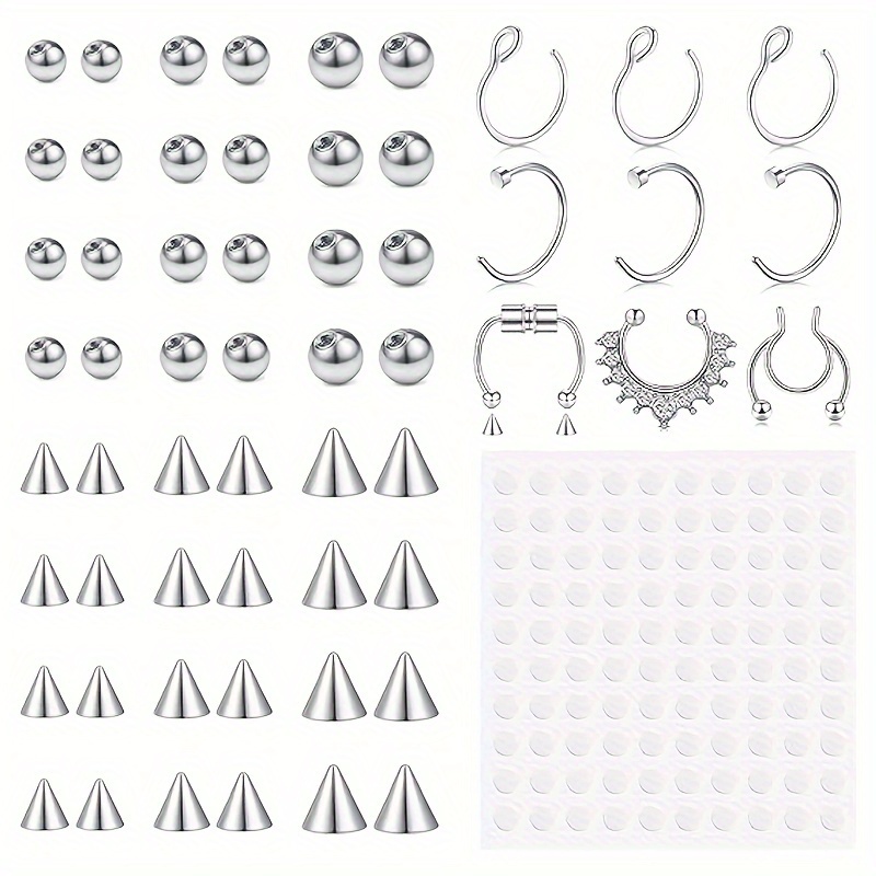 

Fashionable Punk Style Fake Eyebrow Ring Fake Lip Labret Studs Replacement Balls Spike With 100pcs Sticker Non-piercing Body Jewelry Fake Skin Piercing