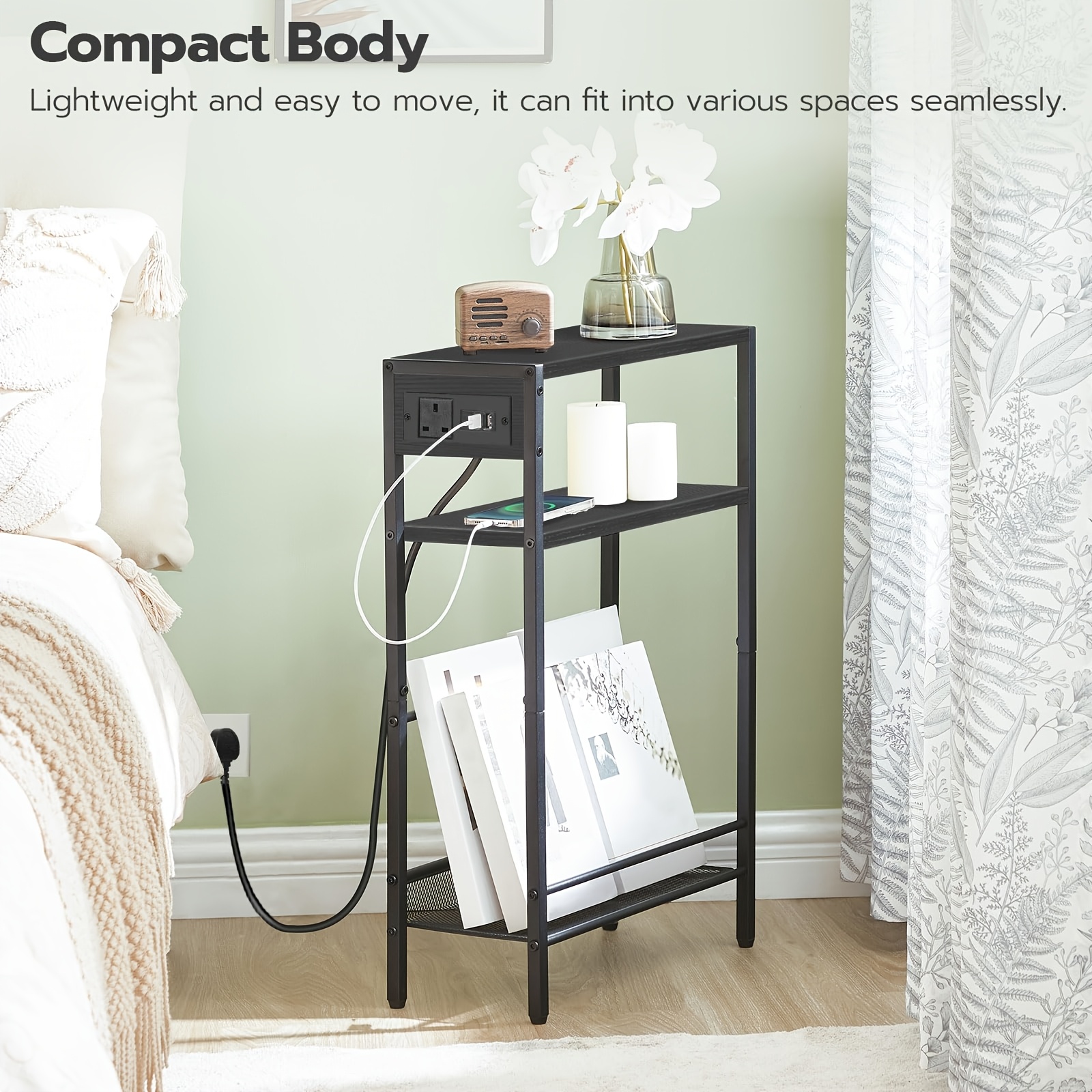 Slim Side Table with Charging Station, Narrow End Table for Small Spaces