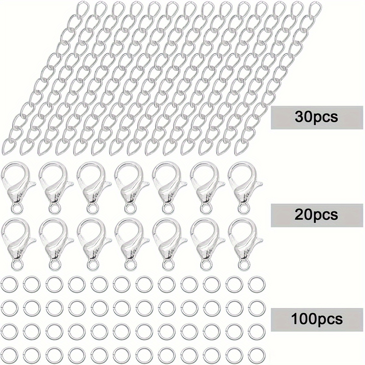 20pcs Clasps 30pcs Extension Chains 100pcs Open Jump Rings Metal Movable Extension Chain Jump Ring Lobster Clasp Tail Chain Necklace Bracelet Anklet Charm Jewelry Making Supplies