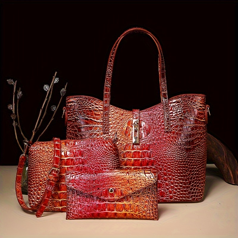 3-Piece Crocodile Print Handbag Set - Fashionable Vintage Style, Multi-Functional Top Handle Crossbody, Business Clutch & Coin Purse - Spacious, Secure, Ideal For Everyday Chic