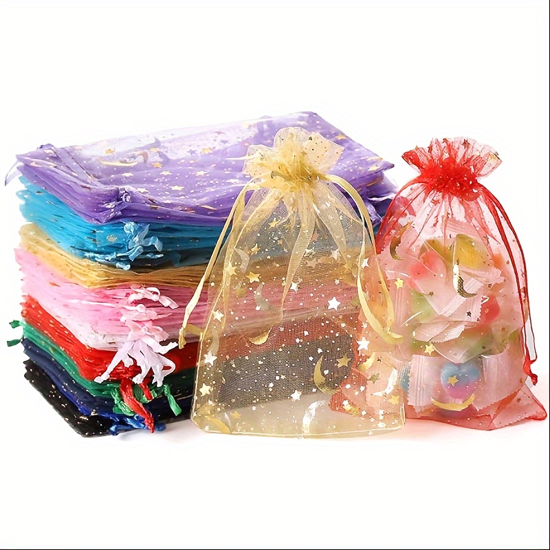 

100pcs Moon & Star Organza Favor Bags - 4x6" Drawstring Gift Pouches For Weddings, Parties, Jewelry, Christmas & Festivals - Mixed Colors