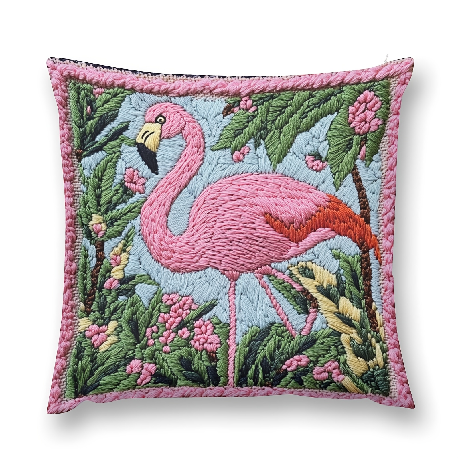 

1pc Contemporary Flamingo Embroidered Pillow Cover, 18x18in, Machine Washable, Zippered Polyester Decorative For Room, Cwb1124312