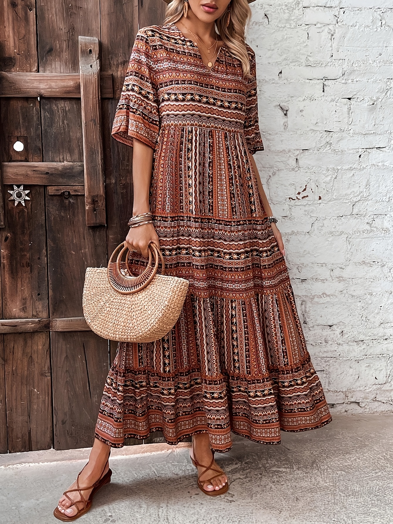 ethnic pattern striped long dress for mature women casual commuting dating party wear with small v neck and   length sleeves bean color 0