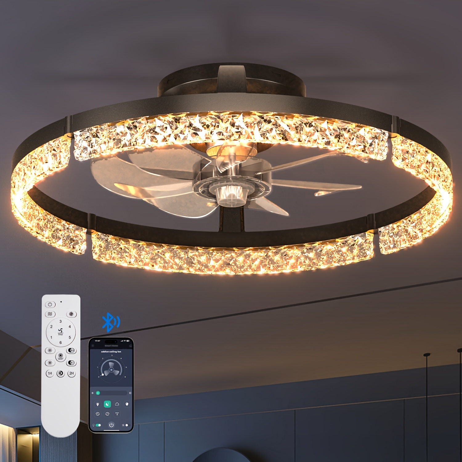 TEMU 20" Low Profile Ceiling Fan With Light And Remote Black | Flush Mount, Dimmable 3000k-6000k Led For Bedroom, Living Room, Kitchen