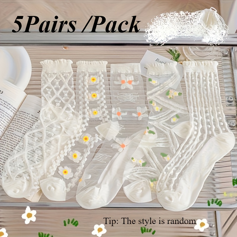 Random 5pairs/ Pack Crystal Socks Summer Thin Tube Glass Spring Summer Breathable Cute Japanese Internet Celebrity
