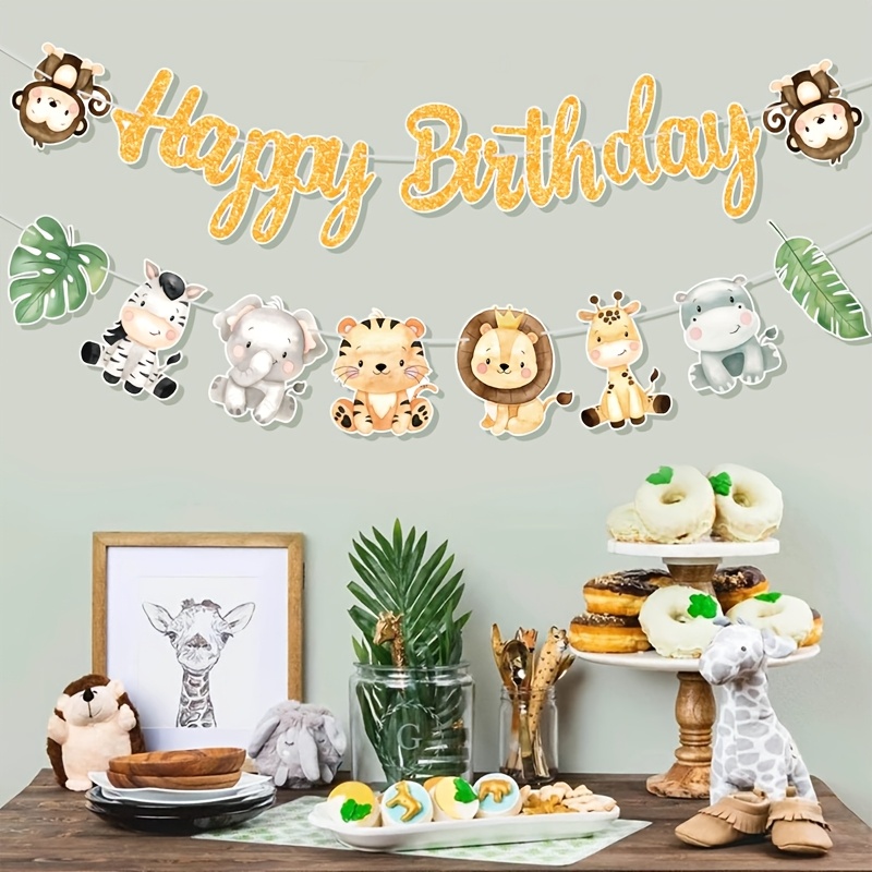 

Themed Birthday Banner, Paper Animal Pulling Flags, Tiger Elephant Lion Pattern, Multipurpose Party Decoration, No Electricity Needed, For Baby Shower & 1st Birthday Celebrations