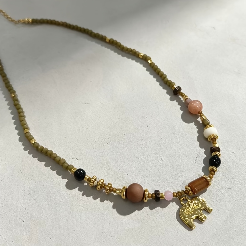 Women's Elegant Retro Bead Golden Elephant Necklace
