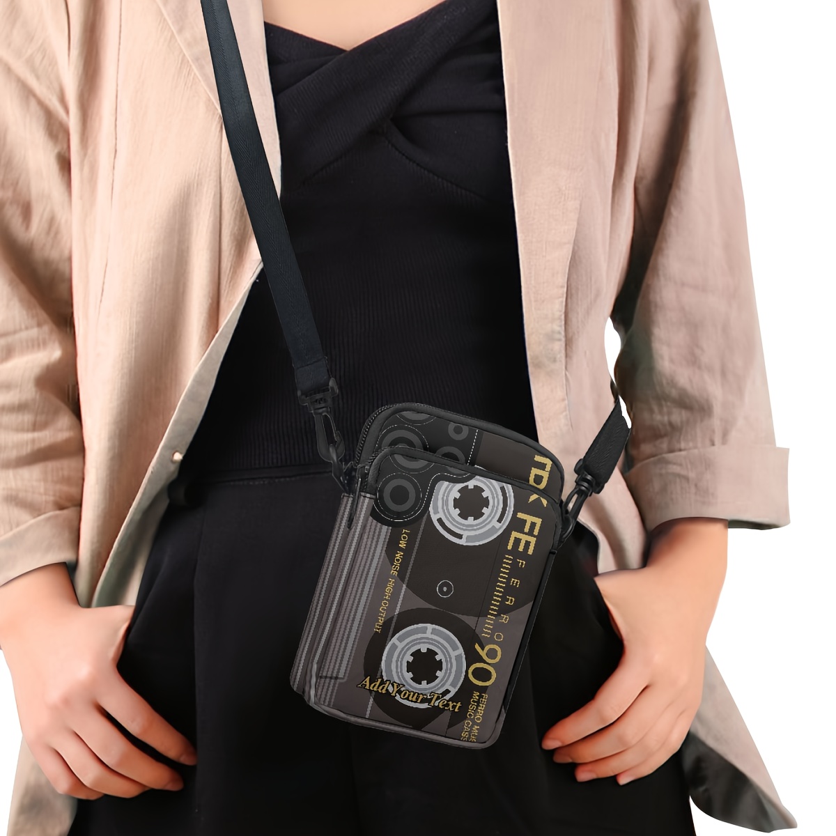 TEMU Bolso de personalizado con texto y diseño de cinta de cassette, correa ajustable, de poliéster, mini bolso unisex ideal para salidas,