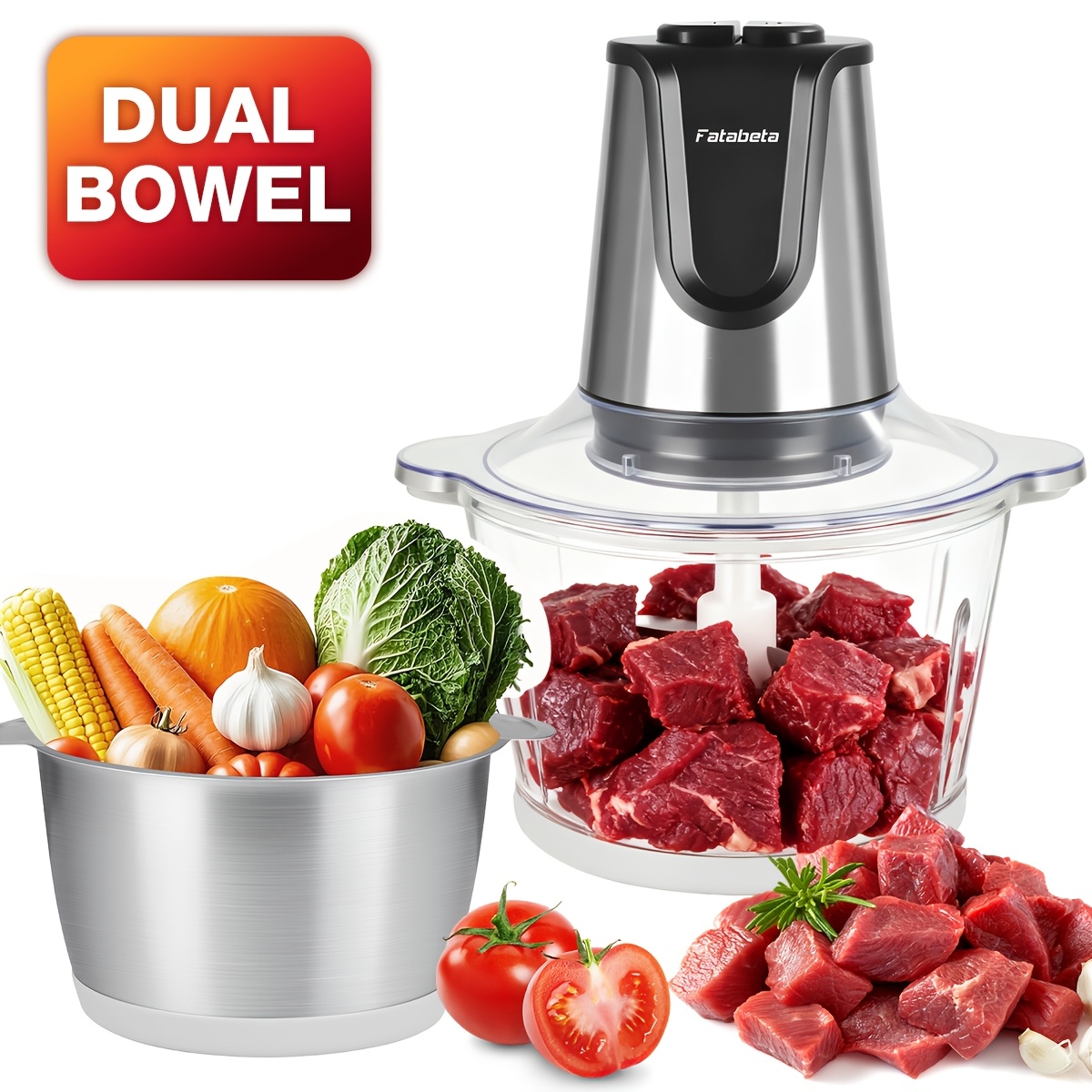 Image of Electric Meat Grinder 2+2l Food Crusher Multifunctional Vegetable Slicer Processor Chopper, 2-speed, 304 Stainless Steel Bowl And Thickened Glass Bowl, 2 Interchangeable 4-blade Cutters