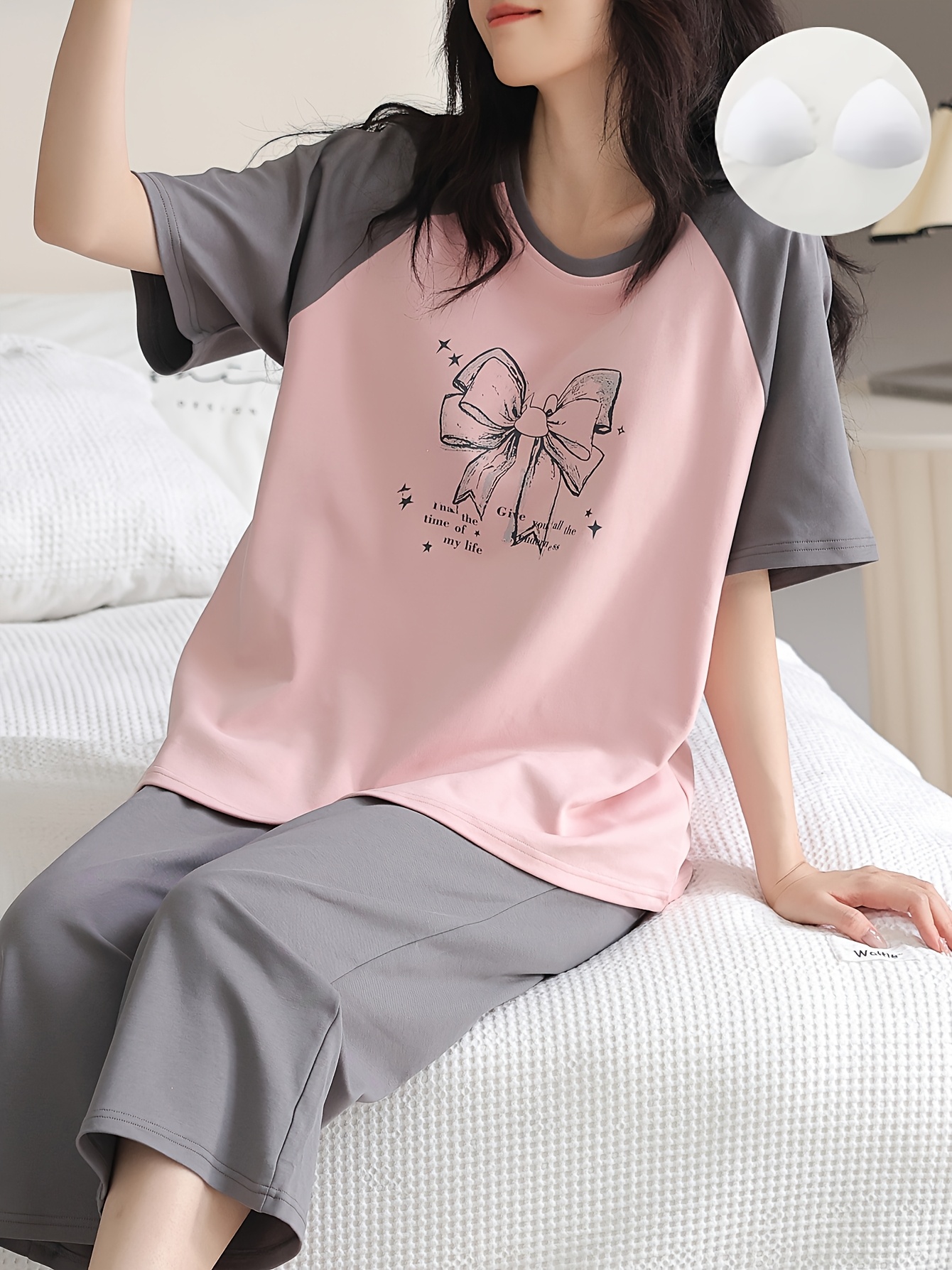 womens cute summer pajama set soft pink top Temu Oman