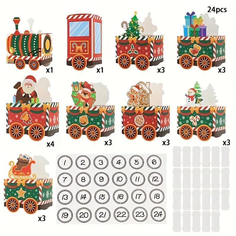 Image of Gift For Her/him Set Of 24 Christmas Train-themed Gift Boxes Showcasing Santa, , And Reindeer, To Paper Figures. Perfect For Small Holiday Gifts, Snack Containers, Christmas Decor
