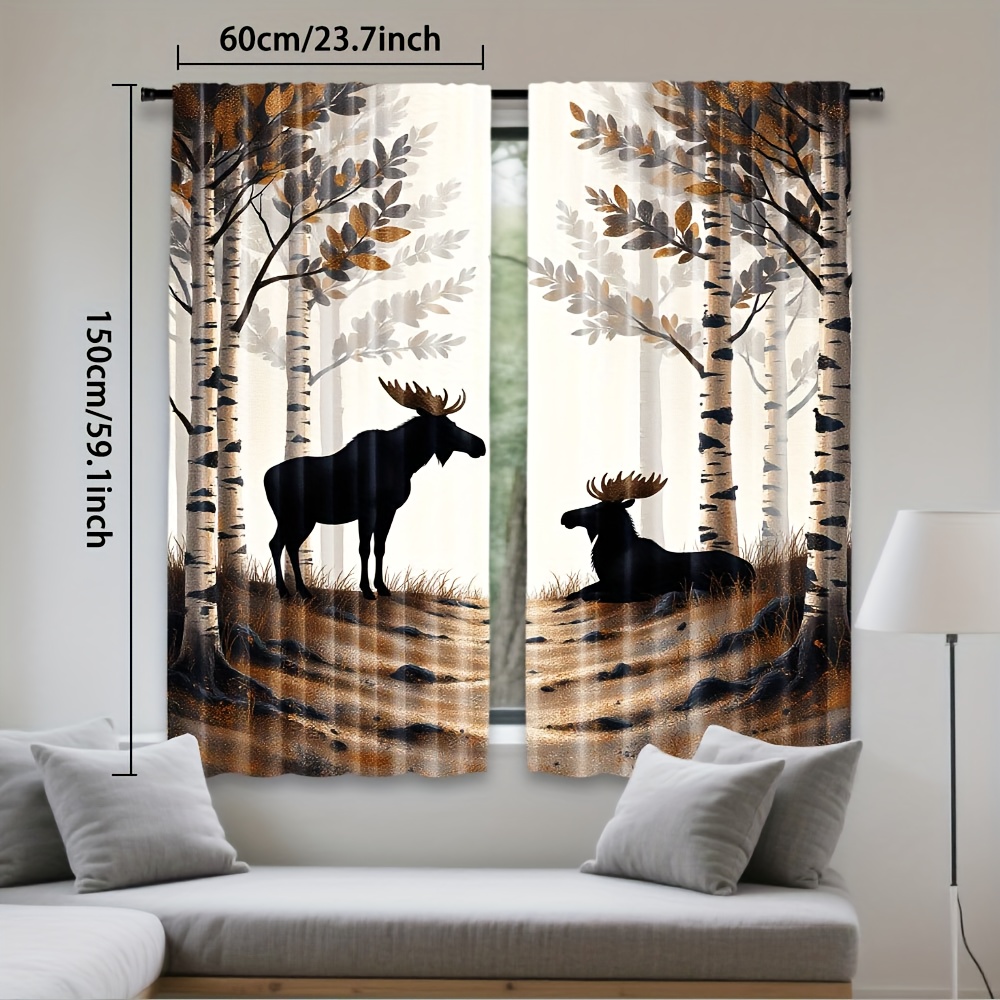 TEMU 2pcs Moose Forest Window Curtains - Modern /beige/black/gray/white/, Semi-opaque Light Filtering Privacy Drapes With Moose & Birch , Insulating