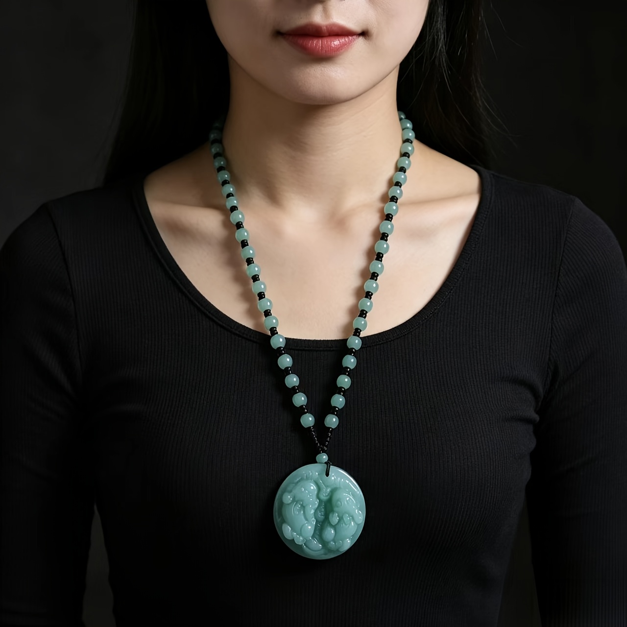 Women's Light Green Dongling Stone Pisces Round Pendant Necklace