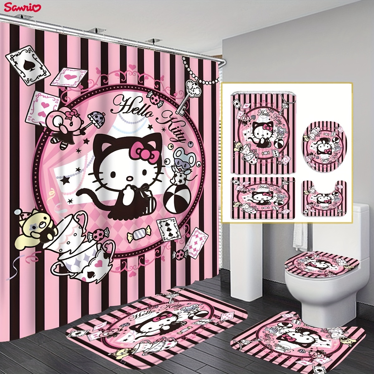

1/4pcs Cartoon Kitty Pattern Shower Curtain Set, Waterproof Shower Curtain With 12 Hooks, Non-slip Bath Mat, U-shaped Toilet Mat, Toilet Mat, Bathroom Accessories