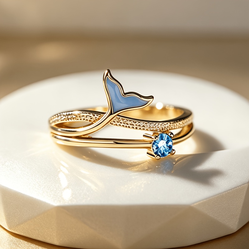 TEMU Golden Fishtail Ring, Women's Fashion Ring, Copper Inlaid With Blue Synthetic Zirconia Ring, Women's Gemstone Ring, Adjustable Size Open-end