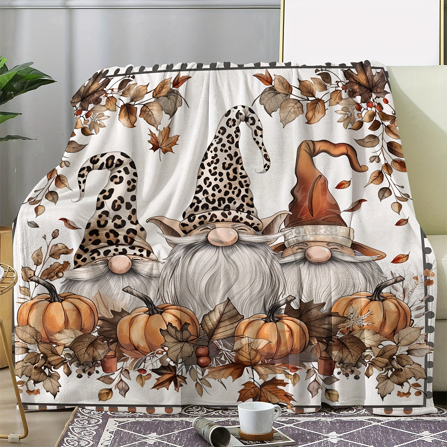 

Cozy Vintage Autumn Pumpkin & Maple Leaf Gnome Print Flannel Blanket - Soft, Warm Throw For Couch, Bed, Car, Office, Camping - Versatile All-season Gift