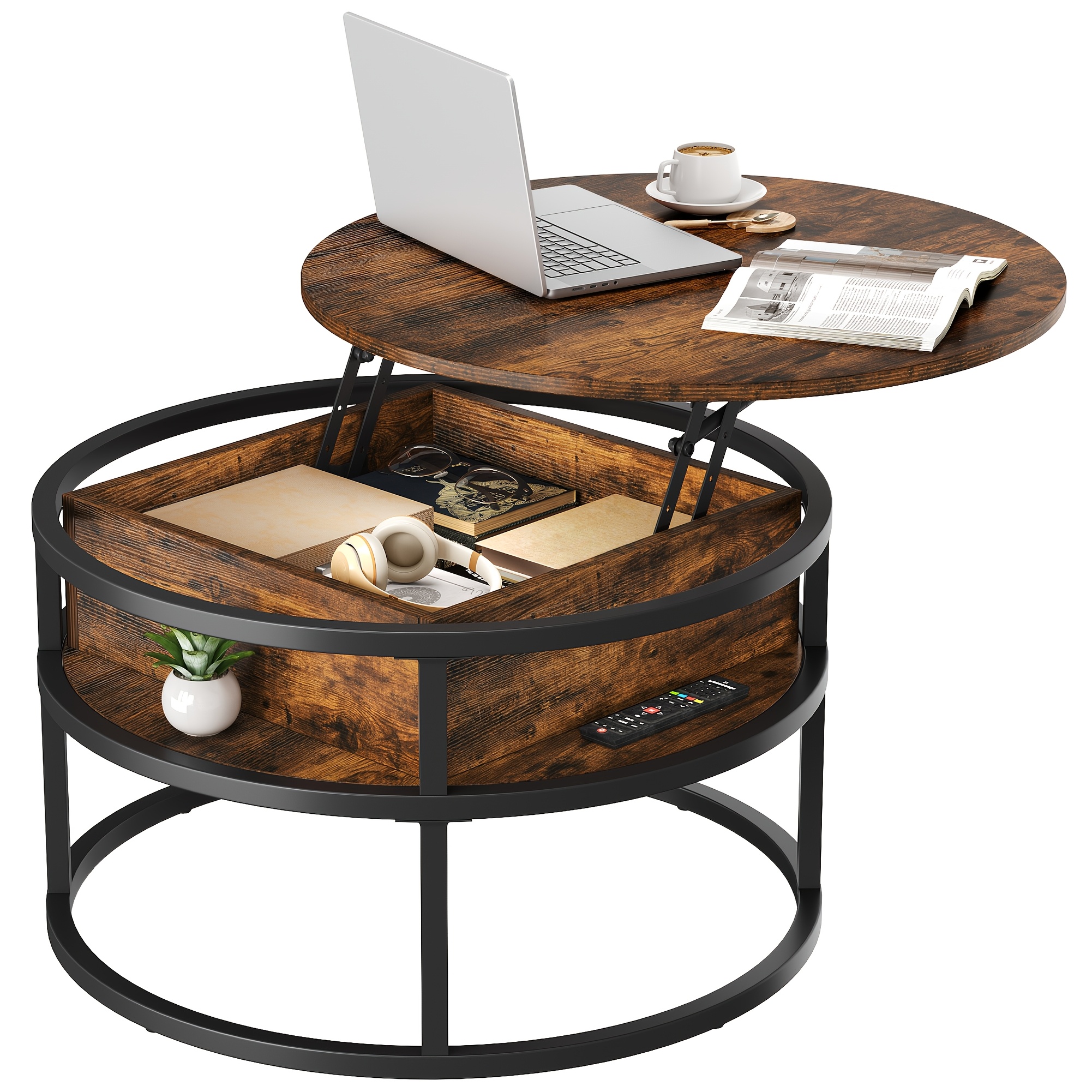 Round Rustic Wooden Coffee Table With Shelf And Hidden Storage, Living Room Small Tea Table