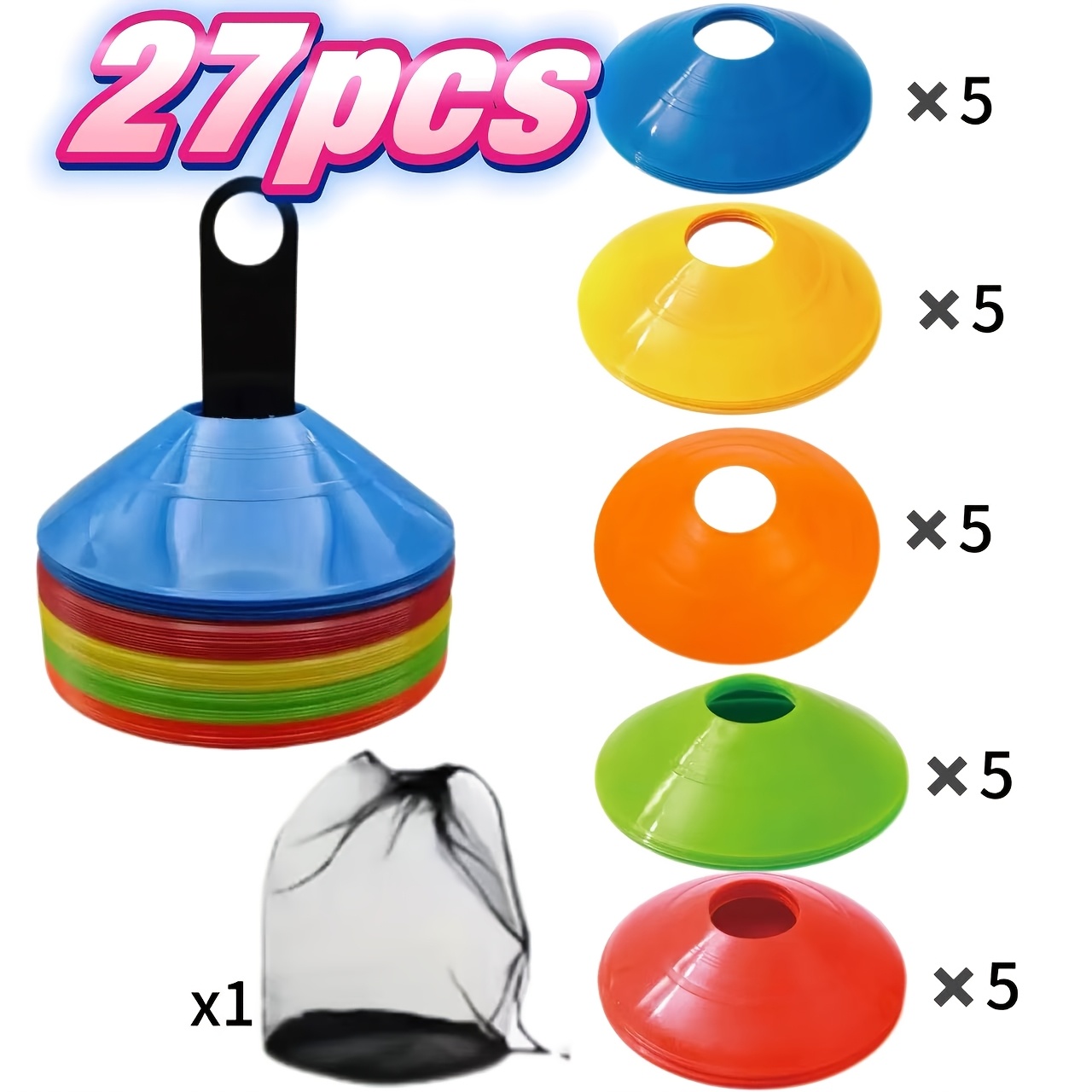 TEMU 27pcs Set (including Storage Bag And Shelf) Durable Thickened Football Training Marker Discs, Round Mouth Marker Plates, Obstacle Marker Cones