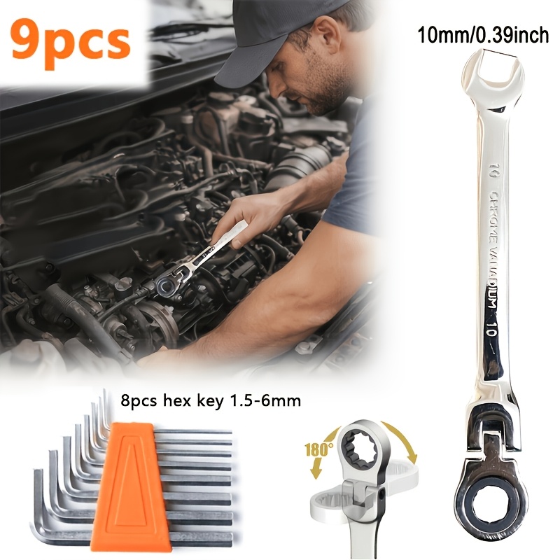 TEMU 9pcs Set Including 1 Ratchet Wrench And Hex Keys, Adjustable Head Ratchet Wrench Set, Metric Specifications, Chrome Vanadium Steel Material,