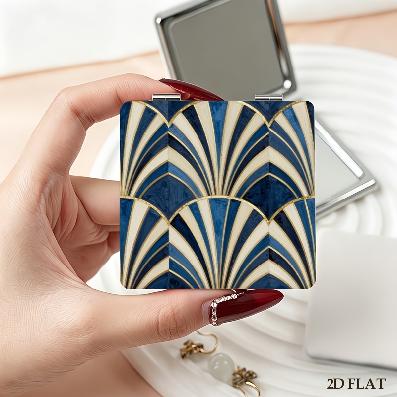 TEMU 1pc New Art Deco Fan-shaped Geometric Folding Mirror, High-definition , Portable For Carrying, Printed Design – Not Textured, 2d Flat Effect,