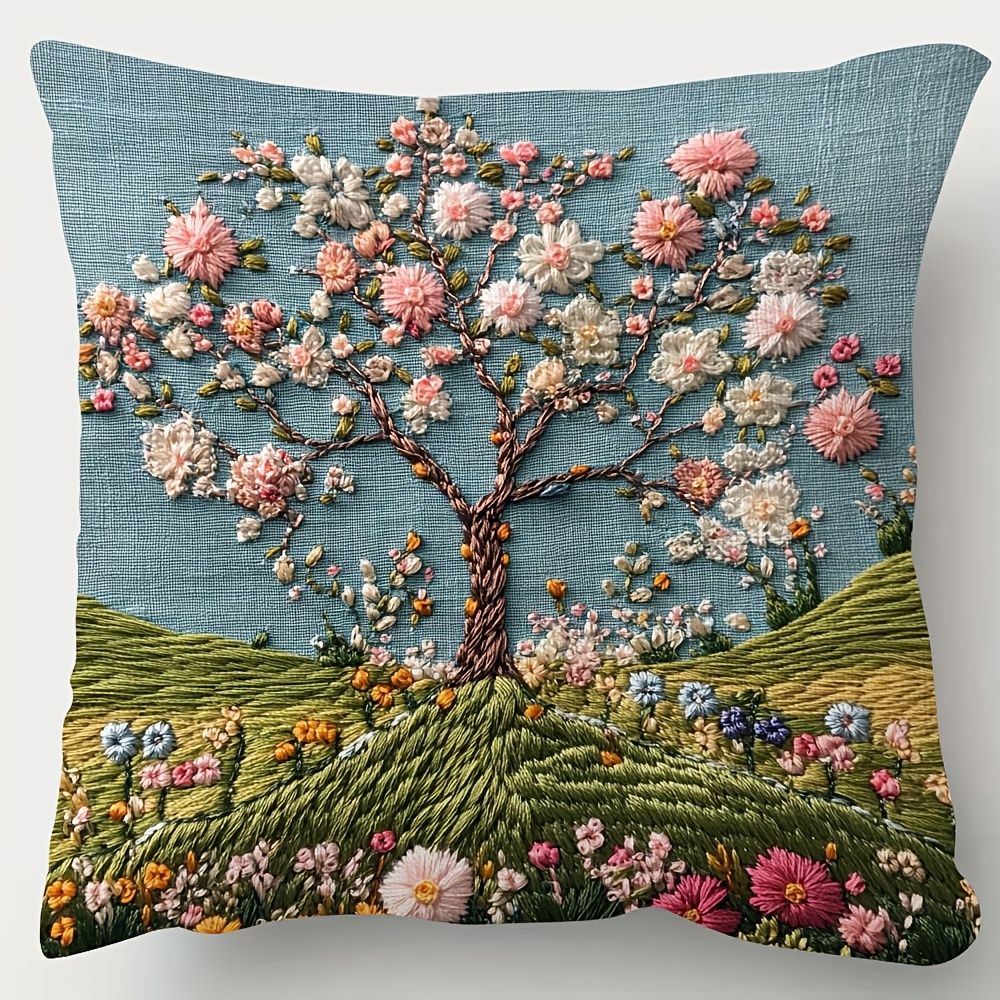 

1pc Vintage-inspired 18x18 Inch Short Plush Pillow Cover With Cherry Blossom & Embroidery - Spring Design, Ideal For Living Room & Bedroom Decor, Hand Wash Only (pillow Insert Not Included)