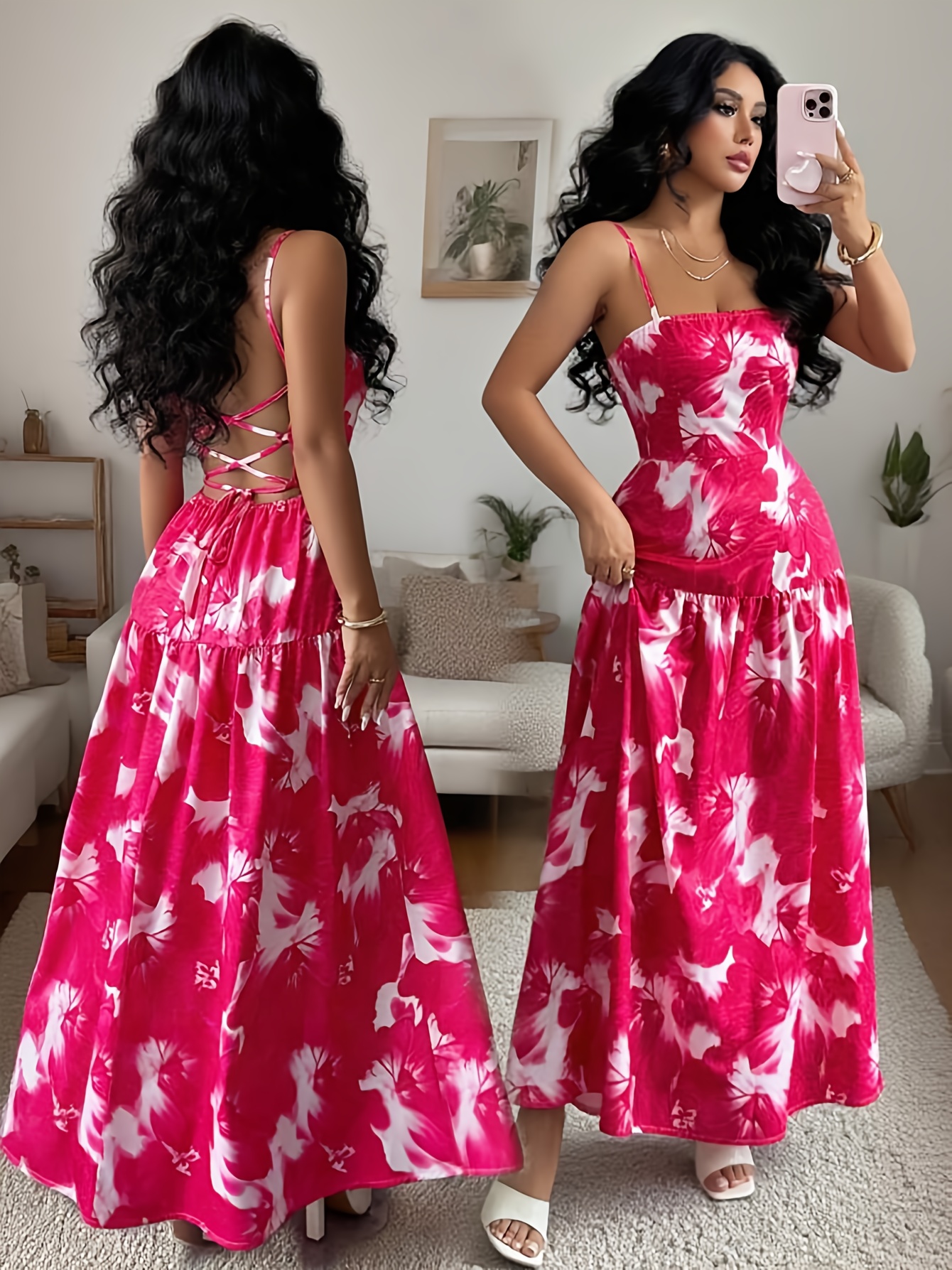 This Elegant Floral Print Dress Features a Backless Design with a Tie And a Ruffled Hem, Perfect for Dates, Parties, Gatherings, Or Beach Vacations