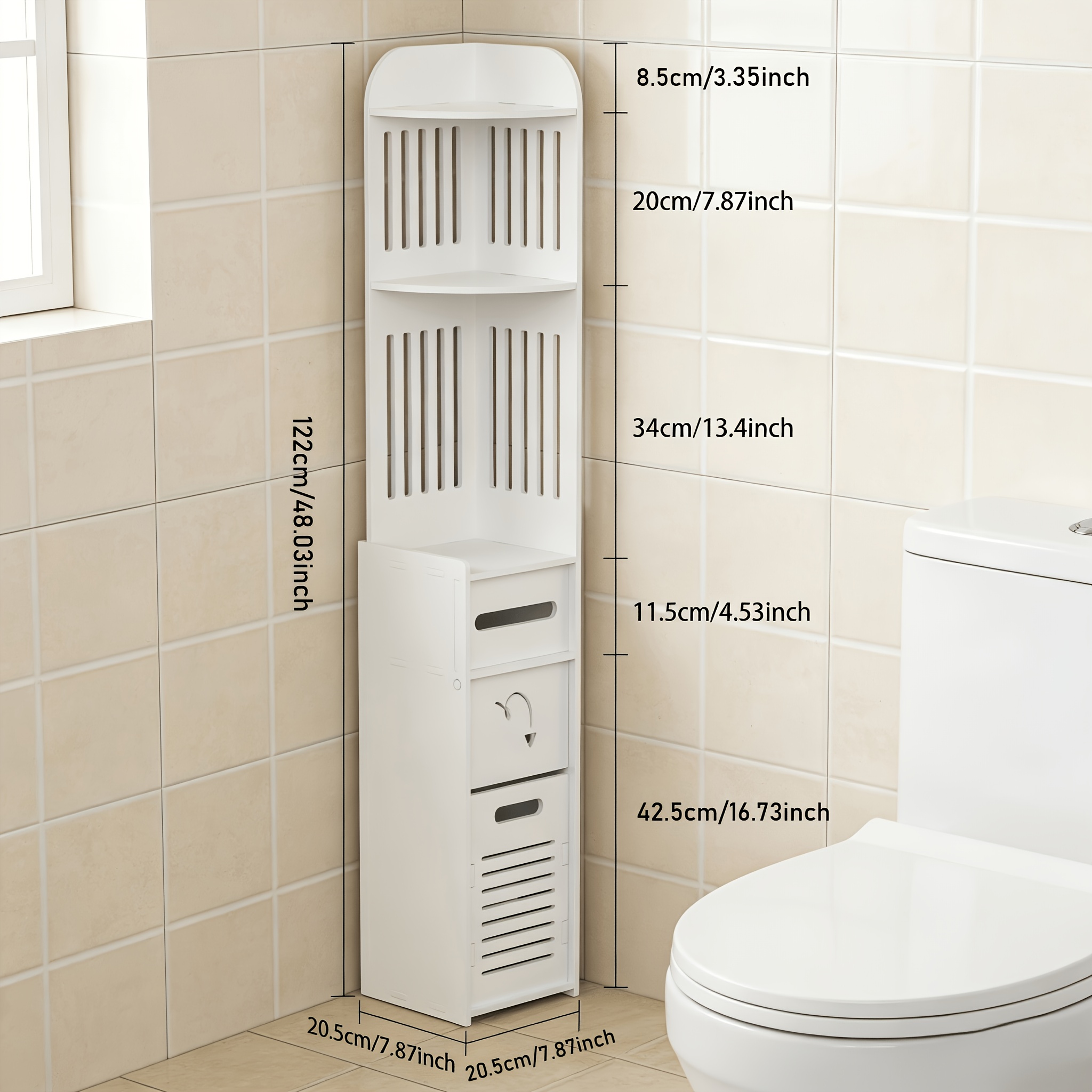TEMU d'angle de 47 pouces de hauteur, Étagère d'angle, de salle de bain haute, Meuble de toilette latéral avec tiroirs, Organisateur de salle de bain