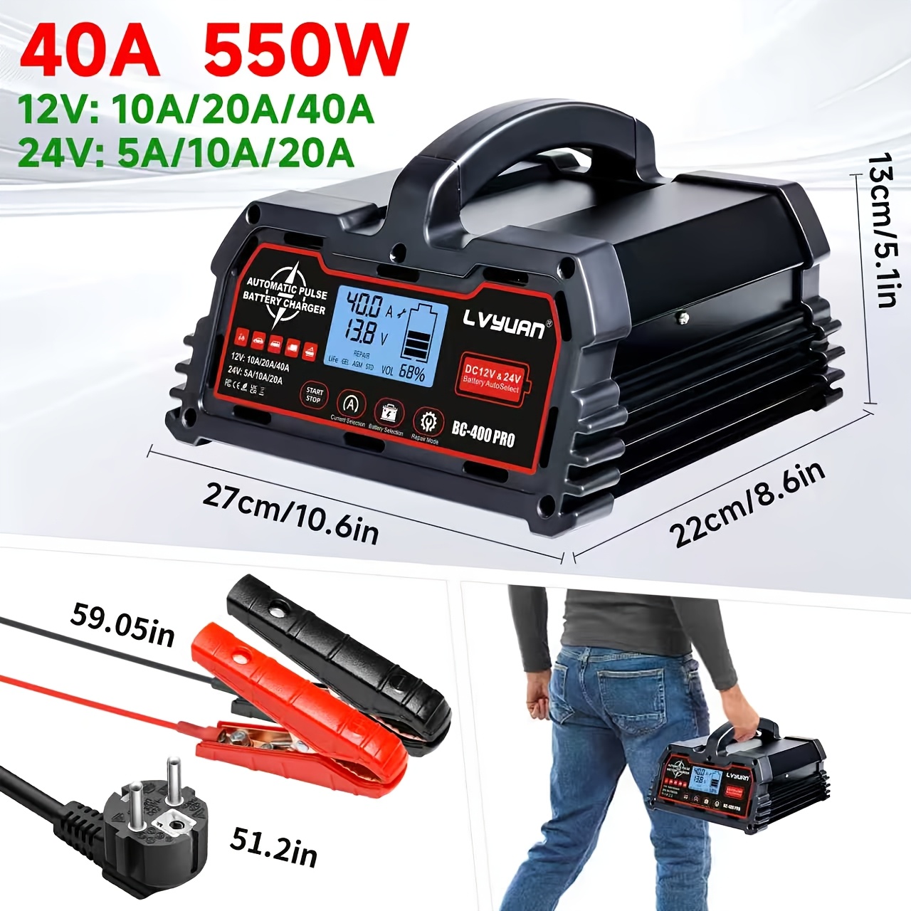 Lvyuan 40amp Smart Car Battery Charger, 12v/24v Automotive Charger, Lead-acid Battery, Lifepo4 Battery Maintainer With Lcd Display, Trickle Charger, For Lawn Mower, Motorcycle, Agm, Std, Gel, Efb, Etc