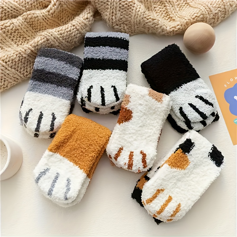 

6 Pairs Paw Socks, Warm Knit Fabric, Polyester 95%, Spandex 5%, Hand Wash Only, Cute Animal Patterned Socks