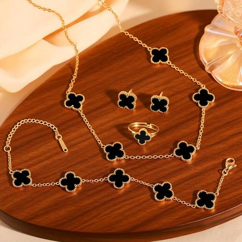 5pcs stainless steel jewelry set for women minimalist elegant matching necklace bracelet earrings ring with charm theme daily wear wedding party gift year round versatile outfit no plating