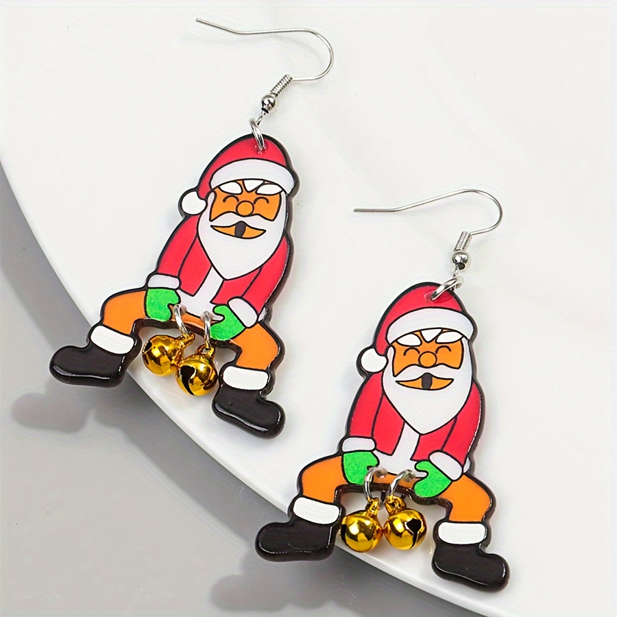 

1 Pair Christmas Santa Claus Dangle Earrings With Bells, Cute Acrylic Drop Earrings For Women, Stainless Steel Hooks, No Plating, Gift For Holiday Party And