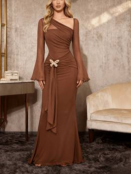 womens long sleeve evening gown dress with off shoulder neckline bow waist detail floor length dress for dinner parties weddings and guest attire
