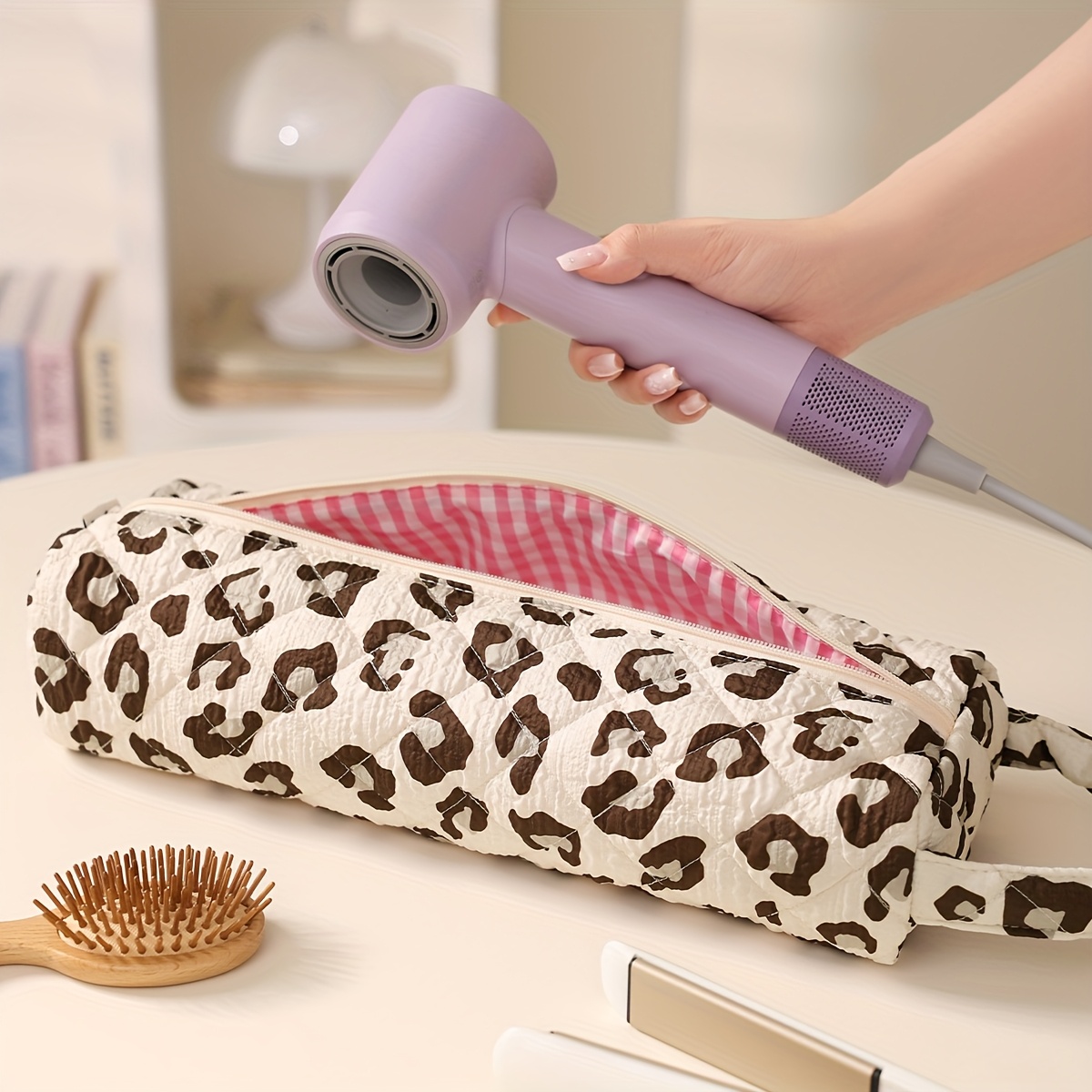 E-shop Haarstyling Organizer Tasche mit Reißverschluss & Schleifendesign - Staubdichte Haartrockner, Lockenstab, Glätteisen Aufbewahrung - Kompatibel
