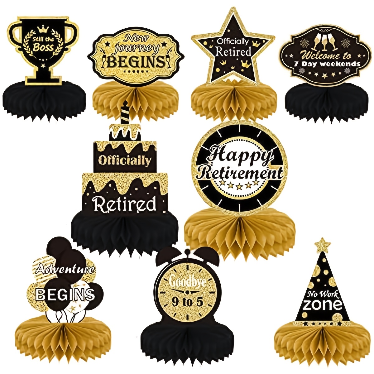 9pcs retirement party honeycomb centerpiece decorations unisex paper table decorations black and golden happy retirement decor
