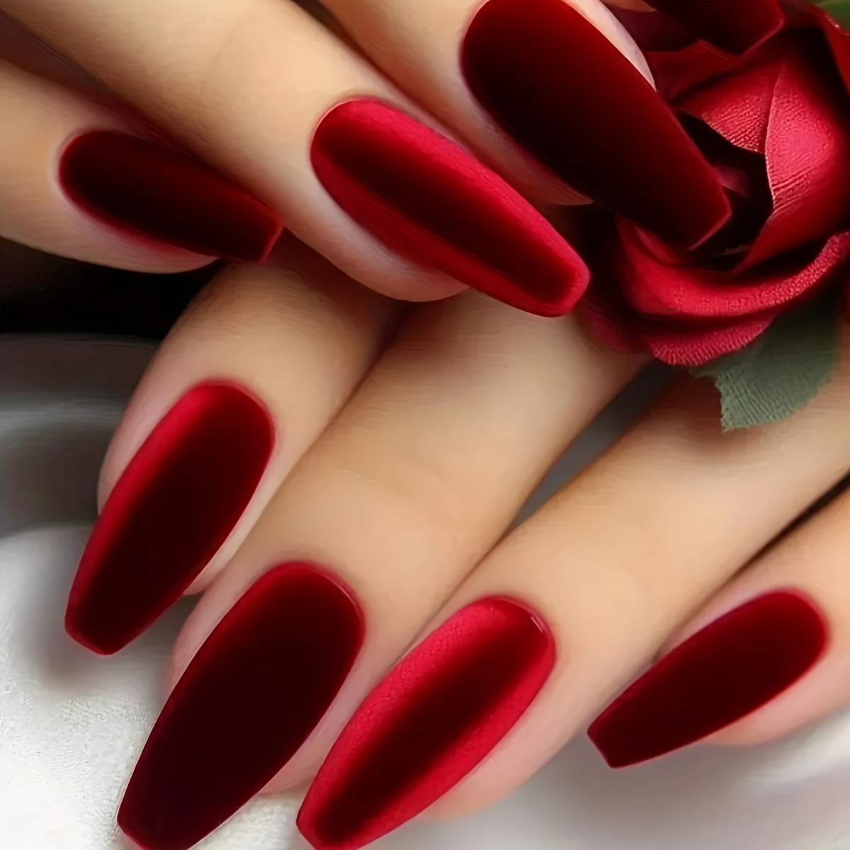 Image of Trendy Red Matte Cat Eye Press On Nails 24pcs Medium Full Cover Reusable Long-lasting Fashion False Nails For Women