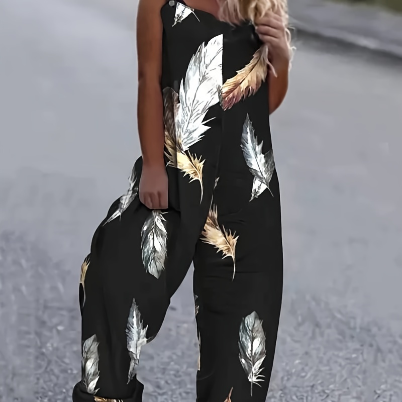 

Butterflies Print Strappy Overall Jumpsuit, Casual Button Decor Sleeveless Overall Jumpsuit For Spring & Summer, Women's Clothing