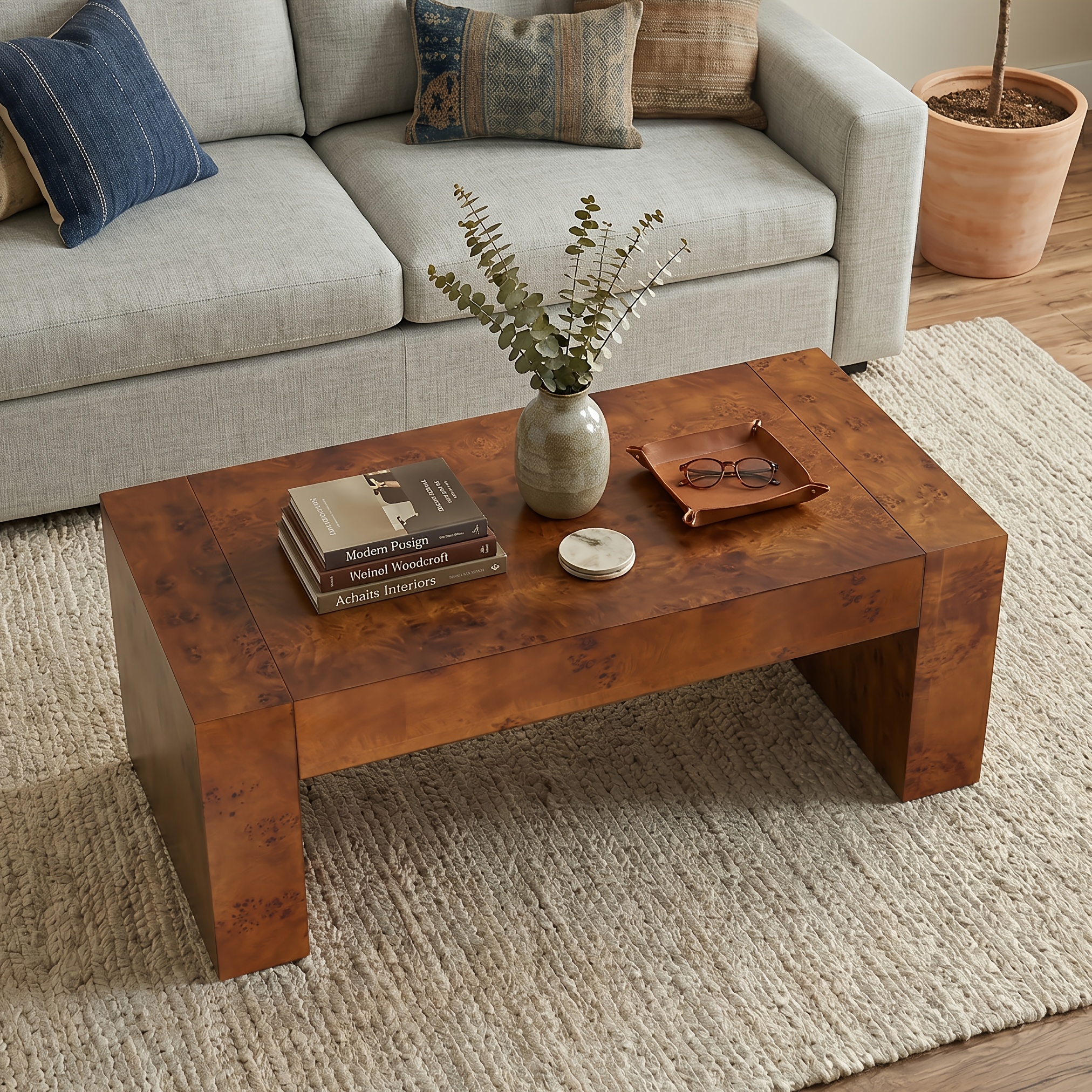 Modern Burl Wood Finish Coffee Table Suitable for Living Spaces, Minimalist Rectangular Center Table with Brushed Block Legs & Density Board Top, Sturdy /Outdoor Furniture for, Balcony, Entryway - Assembly