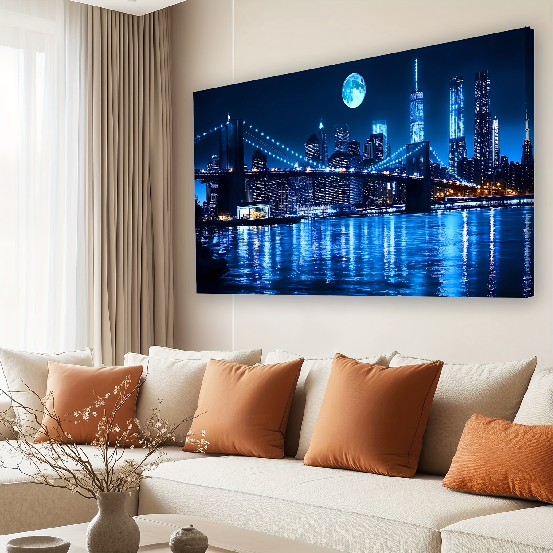 2D Flat, 2D Flat, Contemporary Urban Landscape Artwork, Art Deco Design, Deep Blue Canvas Print, Stylish Home Decor, Ideal for Display in Living Room, Bedroom, Or Study, Sturdy Wooden Inner Frame - Image 8