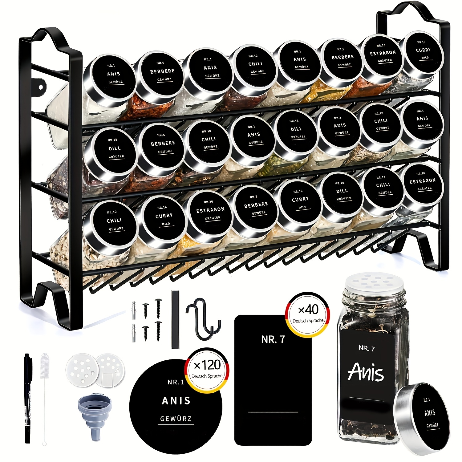 E-shop Stehendes Gewürzregal mit Gewürzgläsern, 3-stöckiges Metall-Gewürzregal für die Wand mit 24 120-ml-Gewürzgläsern, Gewürzgläser mit