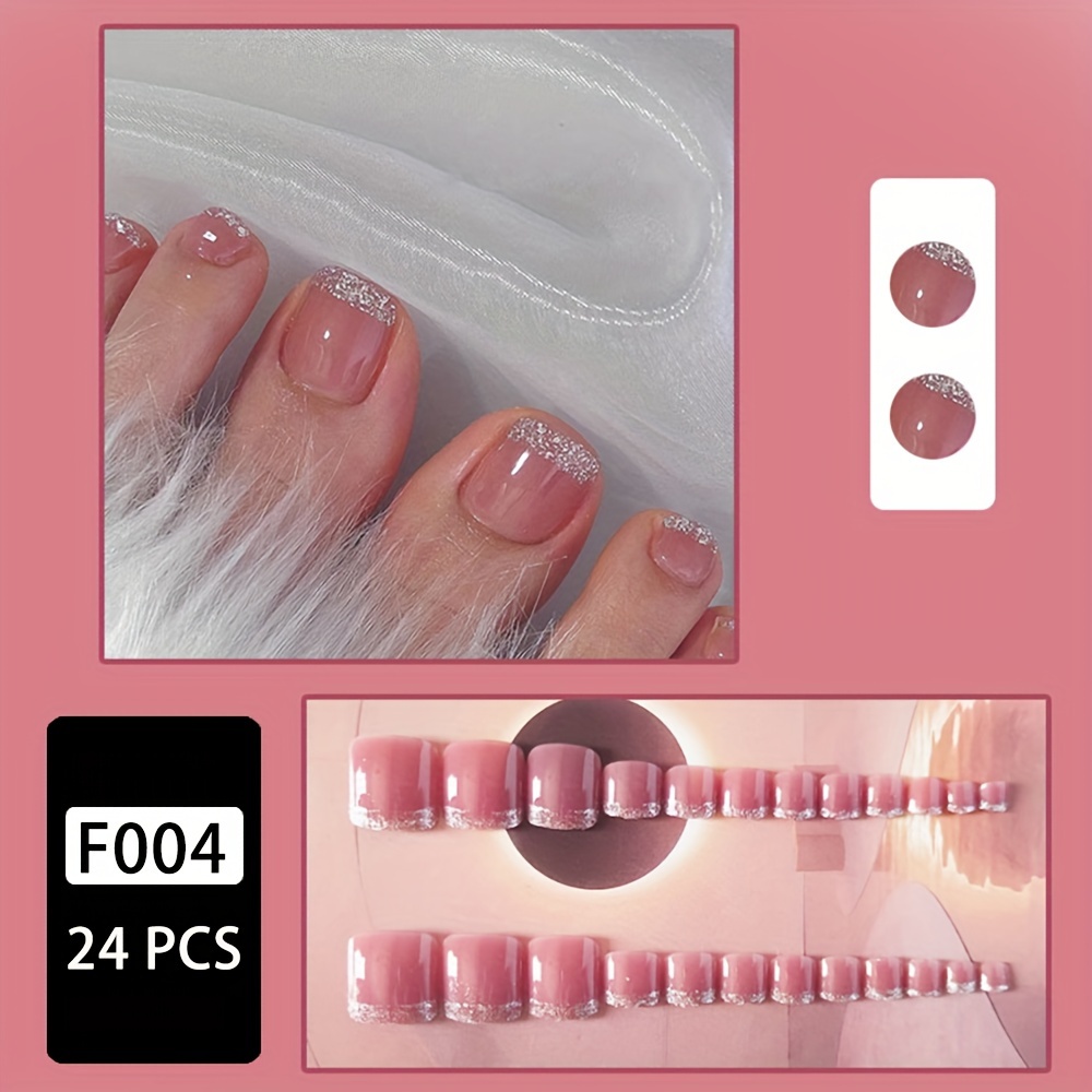 24pcs Per Box Square Toe Press-on Nails, Fashionable Silvery Loose Powder Fake Nails, Cute Pink Trendy Wearable Nails, Removable Press-on Nail Sticker Set With Jelly Glue And Nail File