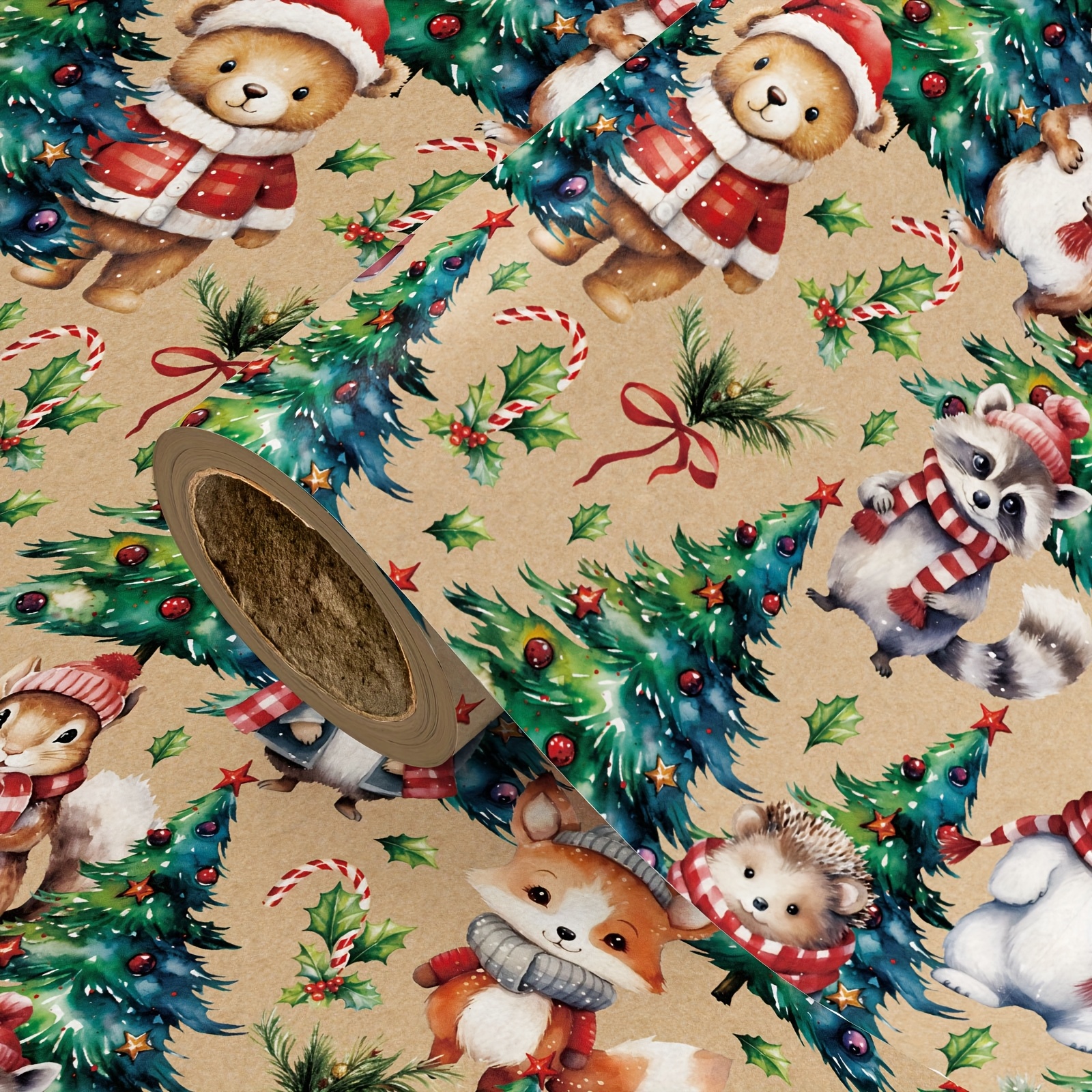 TEMU 1 Roll Thick Tear-resistant Christmas Wrapping Paper With Bear, Forest Designs - Large Roll 17" X 16.4' Suitable For Kids' Gifts, Secret Santa,