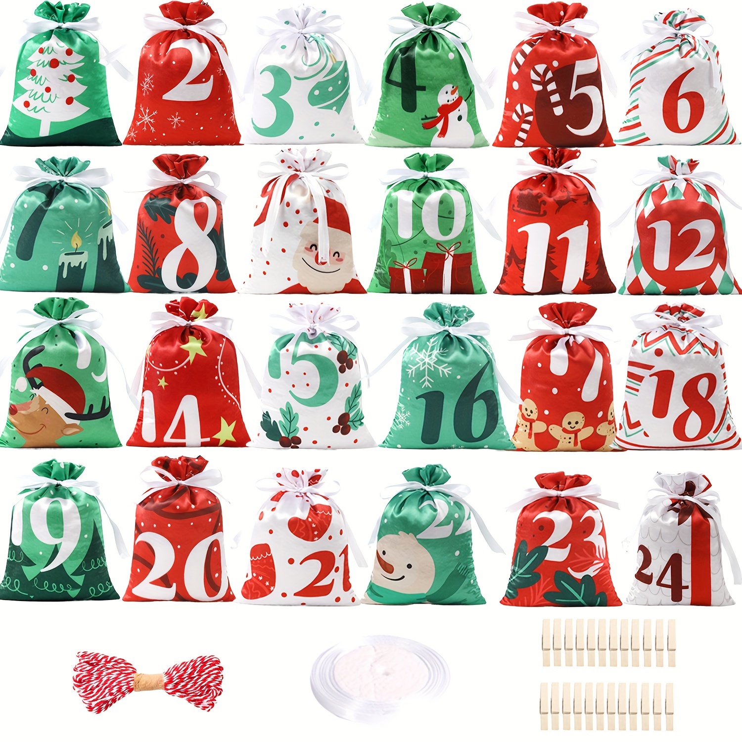 

[customer ] 24-day Christmas Advent Calendar Bags - Hanging Candy Gift Bags With Drawstring, Decor & Party Supplies (5.1x7 Inches)