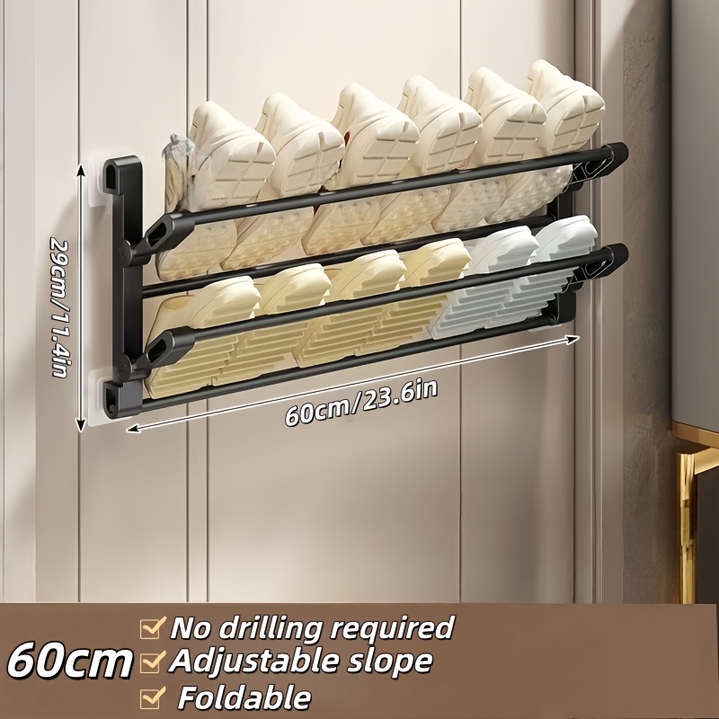 TEMU No-drill Behind-door Shoe Rack, Wall-mounted Shoe And Boot Storage Shelf, Foldable Shoe Cabinet With Adjustable Incline, Space-saving, Suitable
