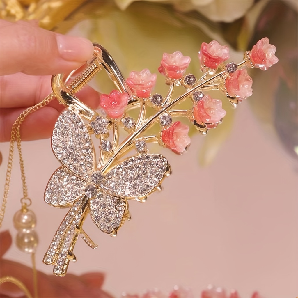 

1pc Vintage Sparkling Rhinestone Butterfly Flower Decorative Hair Claw Clip With Tassel Elegant Non Slip Ponytail Holder For Women And Daily Use