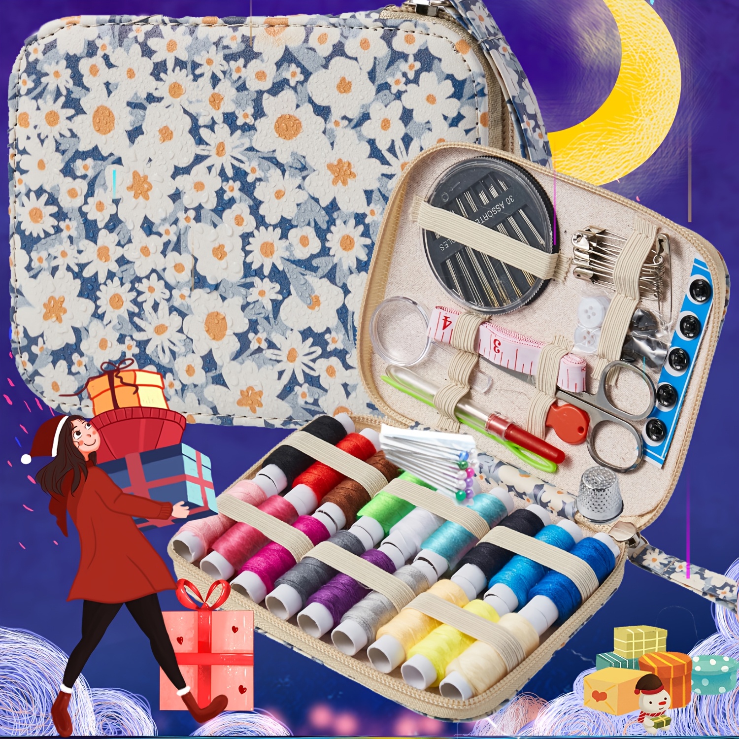 

87pcs Bobode Daisy Sewing Kit - Ideal Gift For Grandma, Mom, & Friends - Portable & Supplies With , Needles, Scissors, Measure Tape, & More - Organized In A Stylish Floral Case