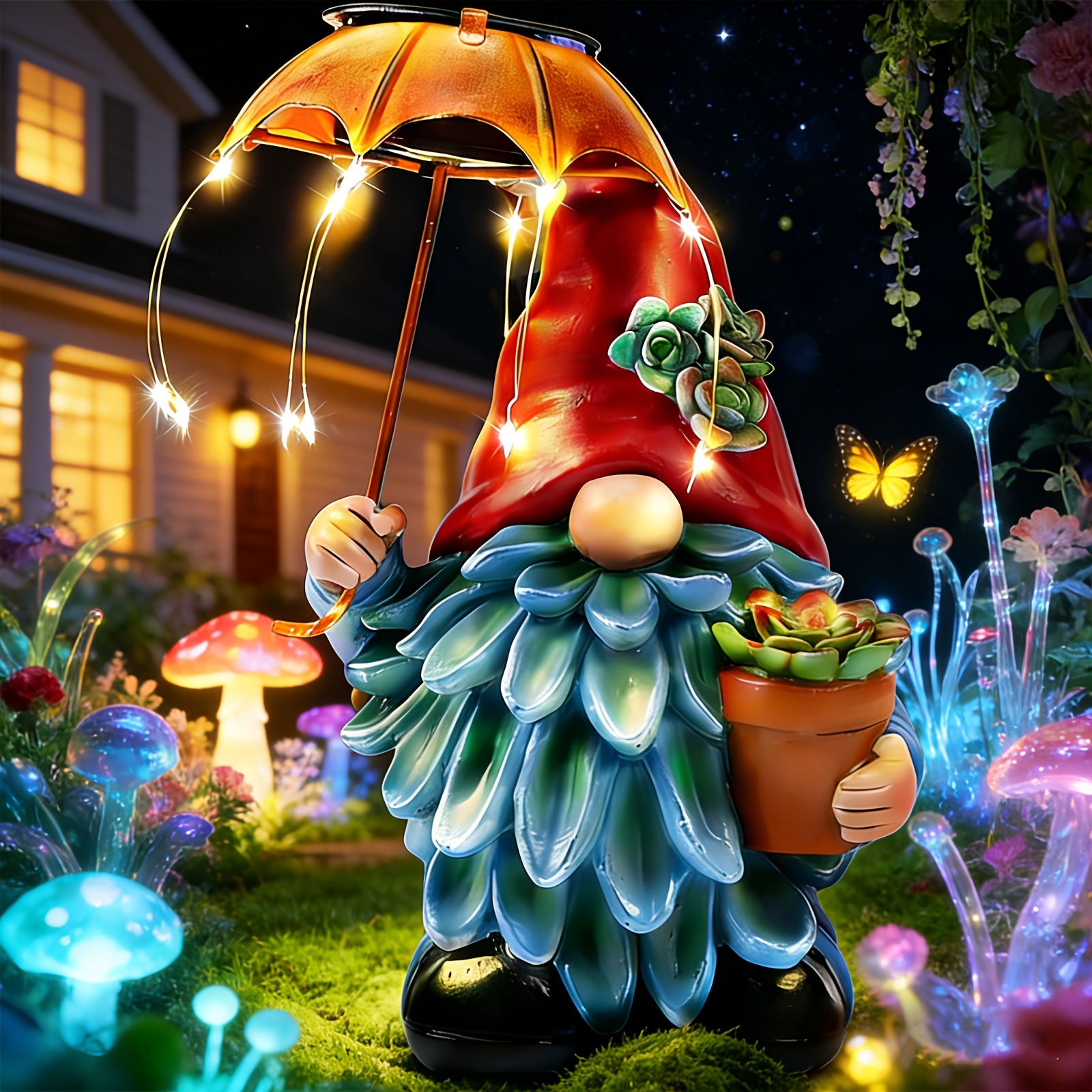 TEMU Solar Outdoor Statues Gnome Garden Decor, Waterproof Outdoor Garden Decoration With Solar Led Umbrella Decorative, For Courtyards, Patios, ,