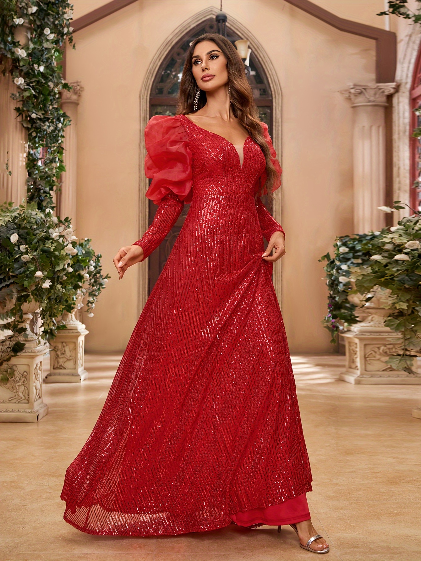 sequined puff sleeve dress elegant plunging neck maxi dress - Temu