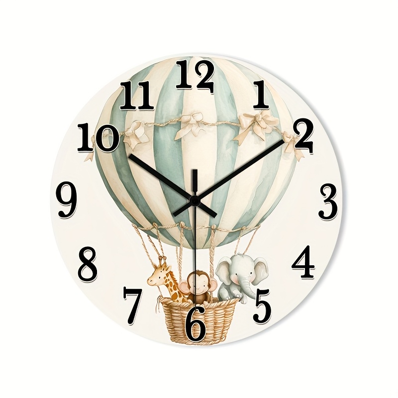 TEMU 1pc Of A Non-ticking Wooden 2d Flat Wall Clock With A Glossy Laminated End Featuring Adorable In A Hot Air , Suitable For The Bedroom, Living
