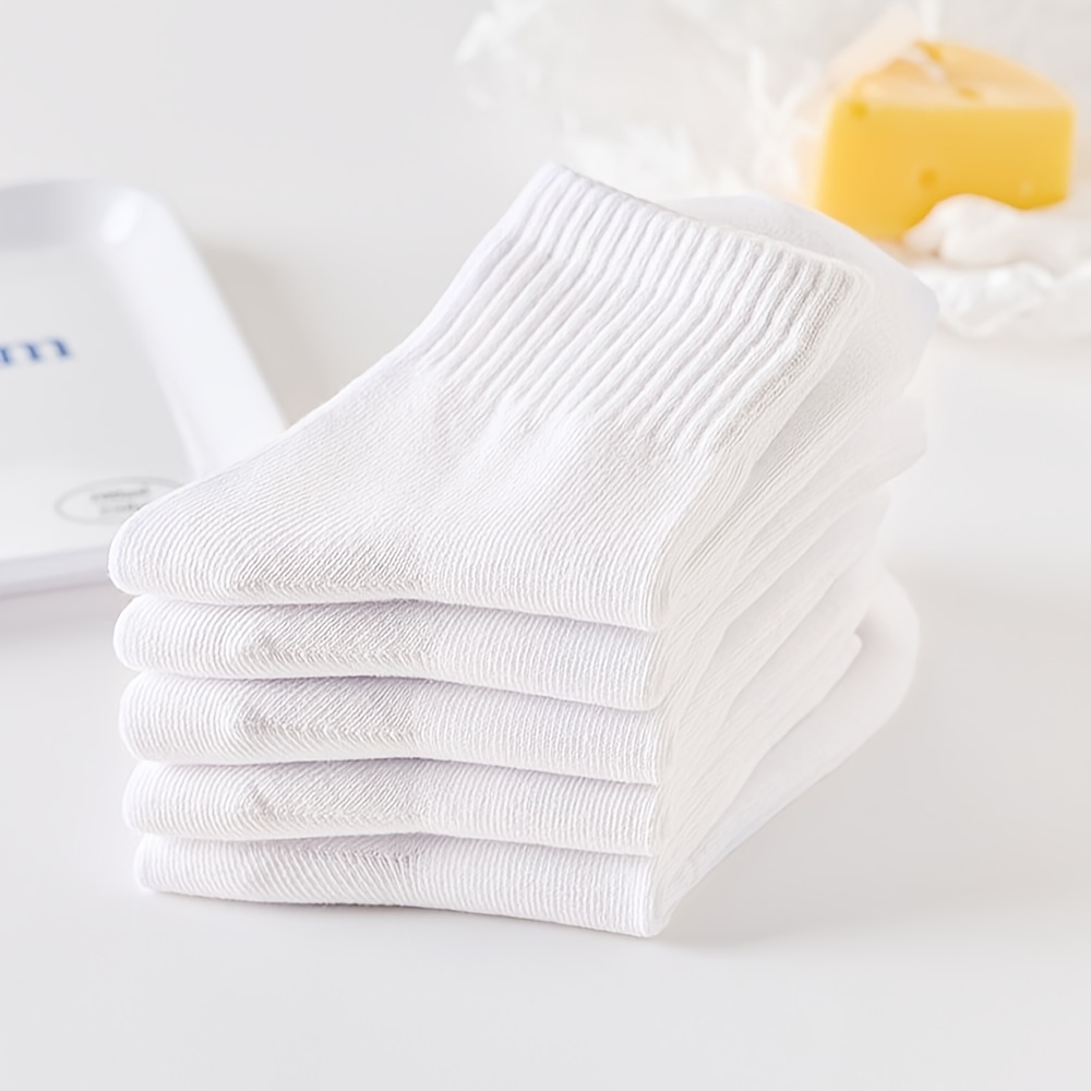 E-shop 5 Paar Damen Wadenhohe Sportsocken, Frühling/Sommer atmungsaktiv, ohne Fußgewölbestütze, einfarbig, schlichte Wadenhohe Socken